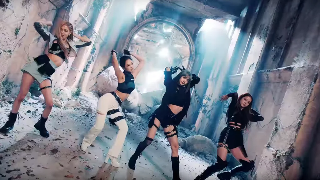 BLACKPINK members in dramatic and stylish outfits during the “Kill This Love” music video.