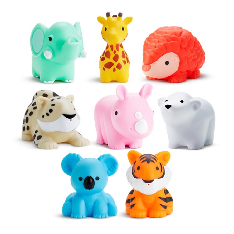 Each colored bath toy showcases a different at-risk animal