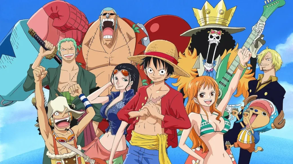 One Piece anime characters on an adventure.