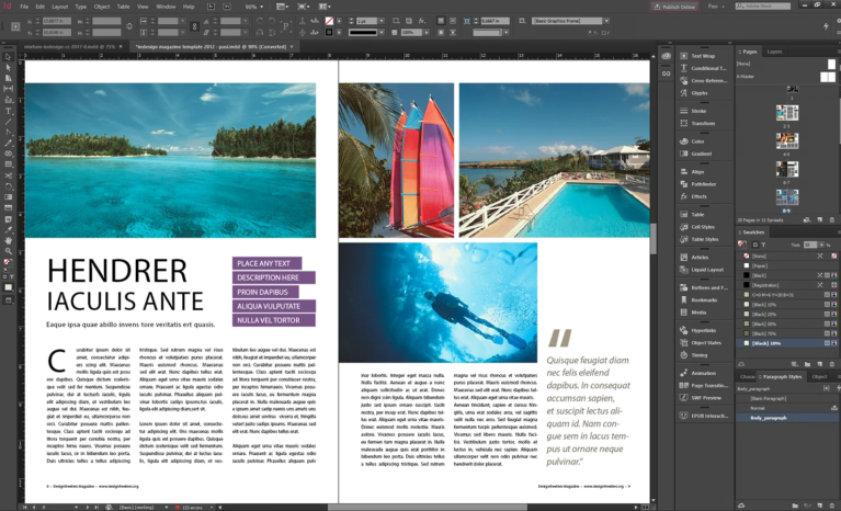 Screenshot of Adobe InDesign showing layout features like master pages.